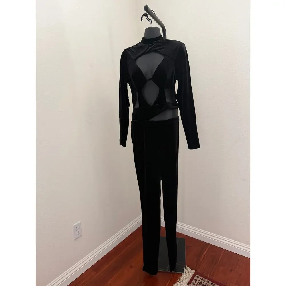 New the Cande shop black velvet cutout jumpsuit sz Large - Picture 4 of 8